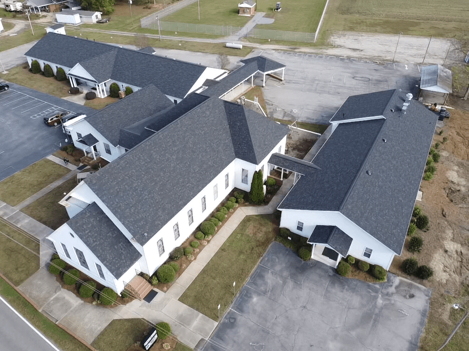 White church with grey roof