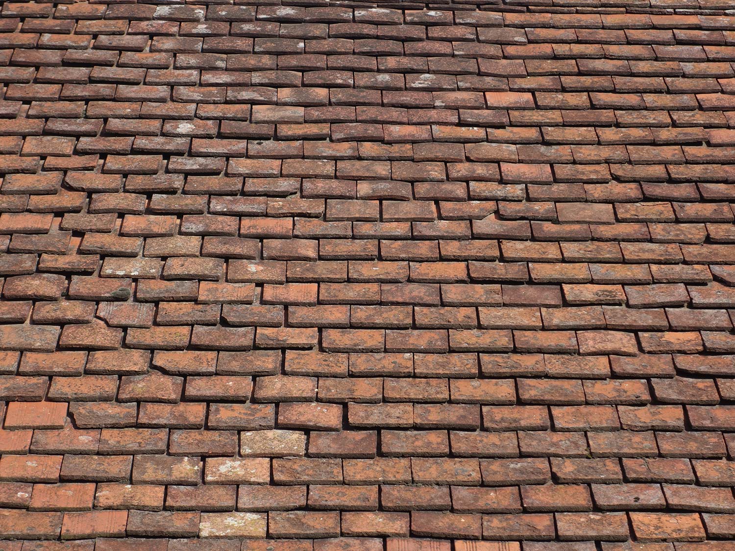 A roof with dark algae stains