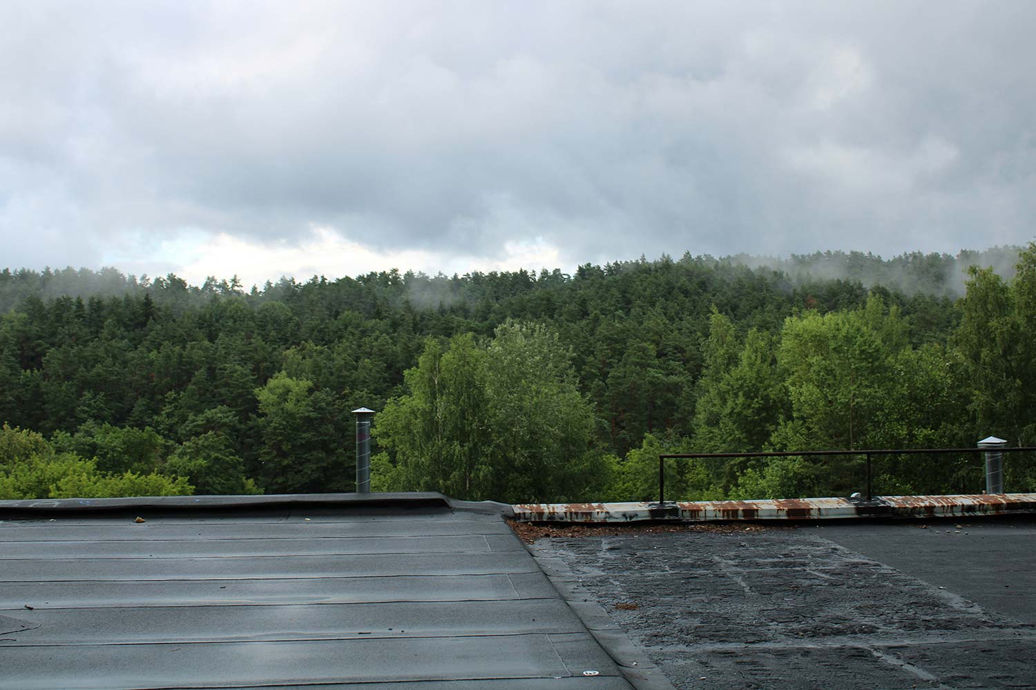 A flat roof with a forest in the background